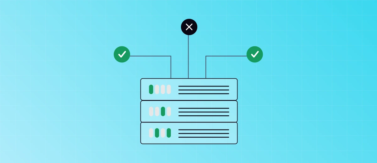 A server topped with a dark error cross, while two monitoring checks beside it still show green success ticks.