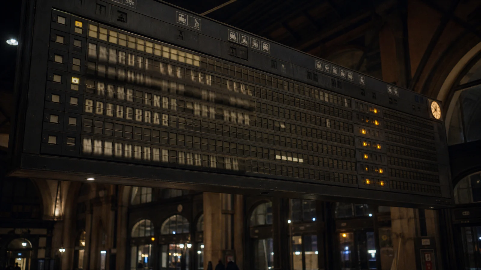 A large split-flap departure board updating in a dark train station at night.