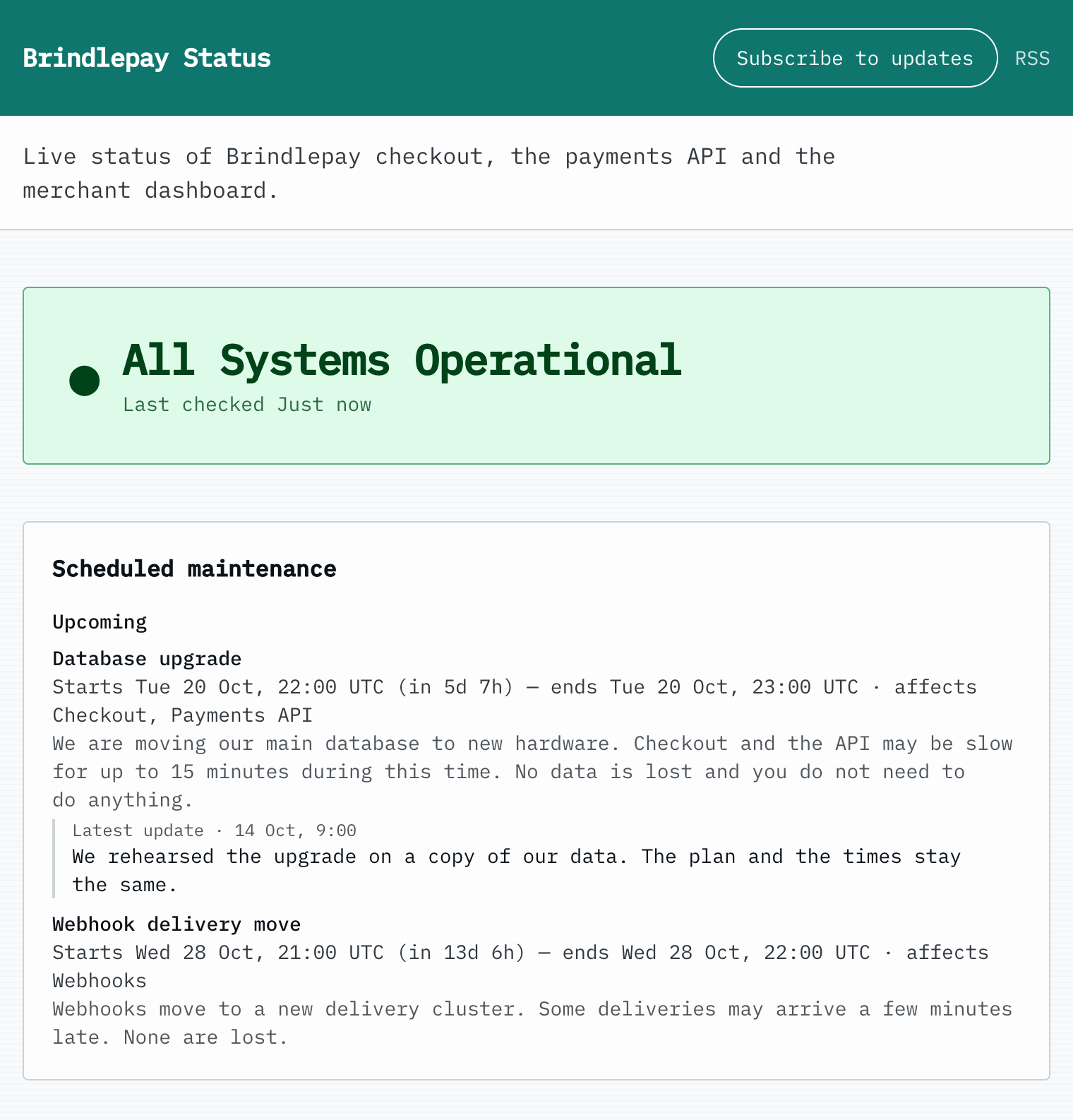 The Scheduled maintenance box on a status page with all systems operational. A database upgrade on Tuesday 20 October from 22:00 to 23:00 UTC shows a countdown, the two components it affects, its description and a newer update saying the upgrade was rehearsed and the times stay the same. Below it, a webhook delivery move on 28 October.