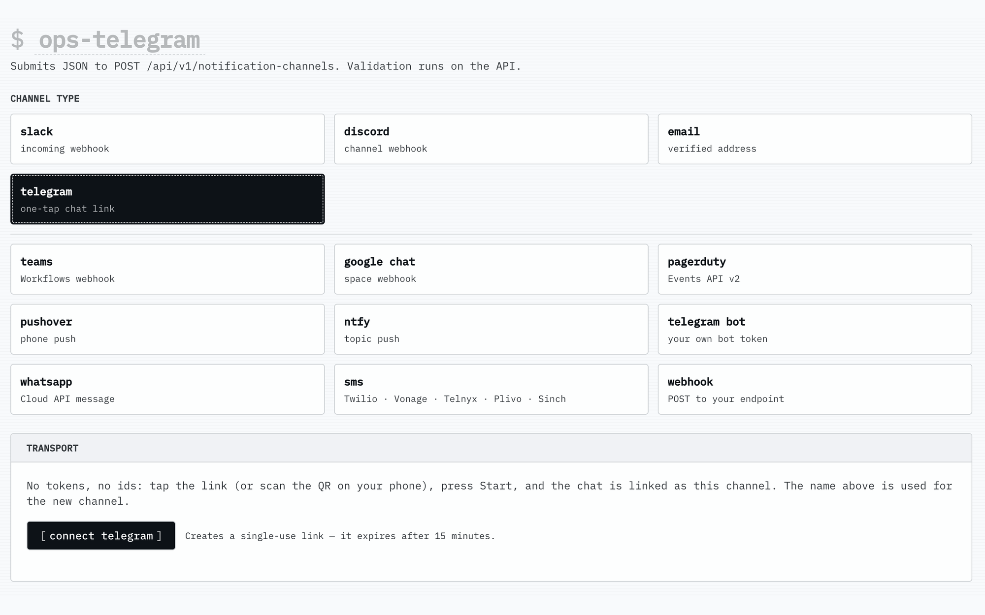 The new notification-channel form: choose a channel type such as Slack, Discord, email, Telegram, PagerDuty, SMS, or webhook.