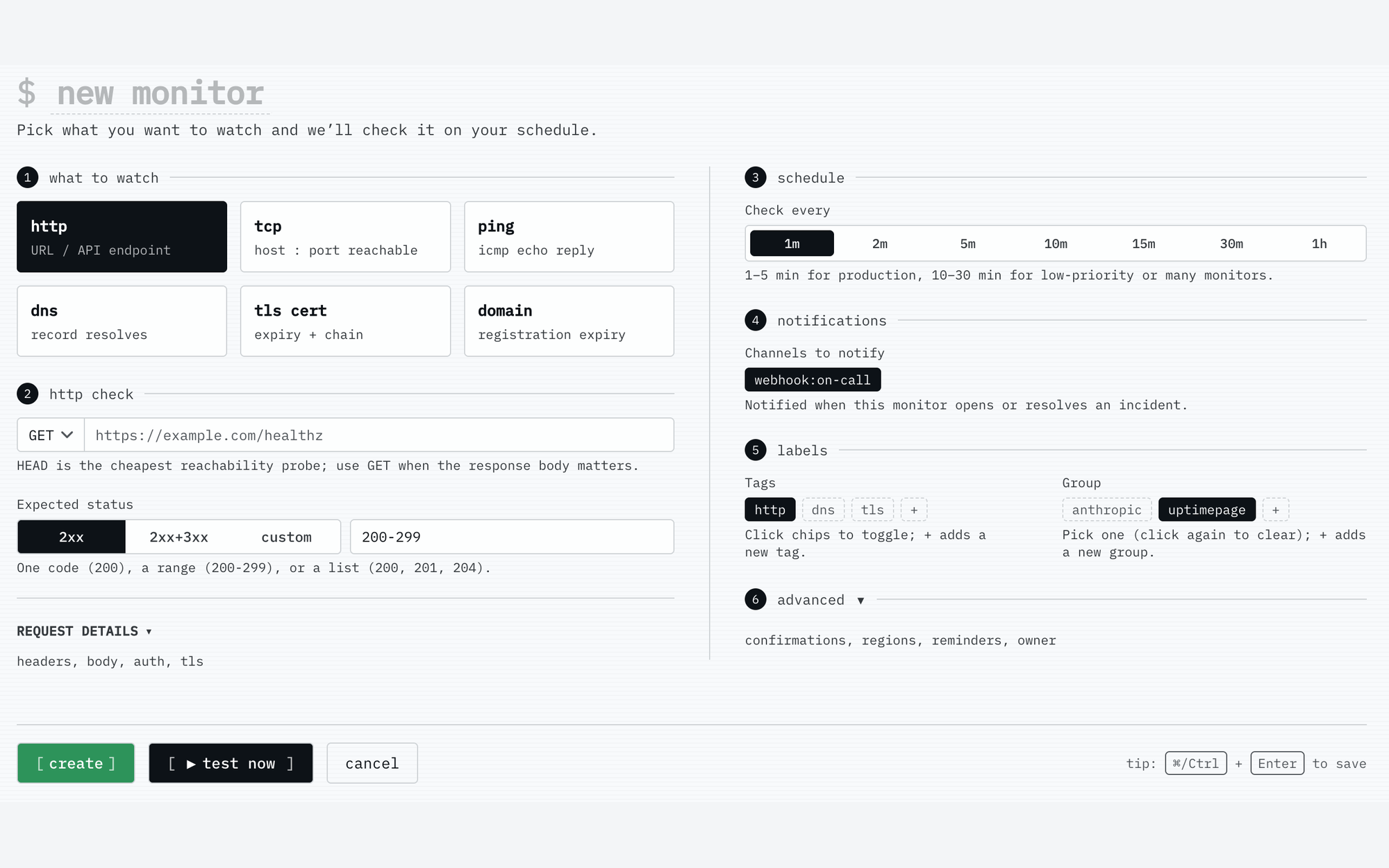 The new-monitor form: choose a check type (HTTP, TCP, ping, DNS, TLS, domain), interval, notification channels, and tags.